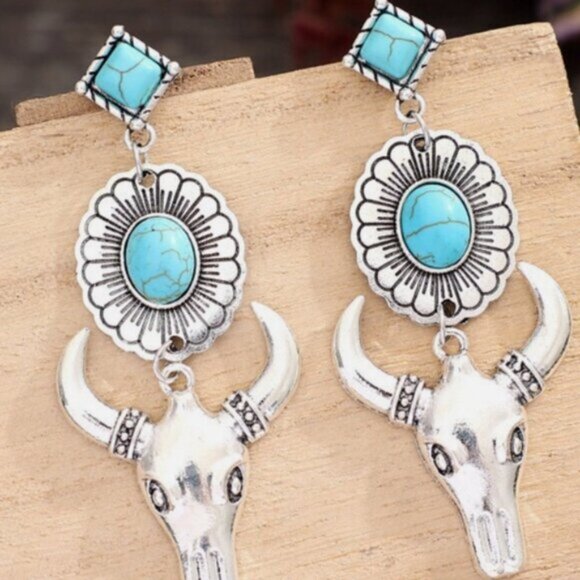 Blue and Silver Western Cowboy Turquoise Tauren Earrings Bohemian - Picture 3 of 5